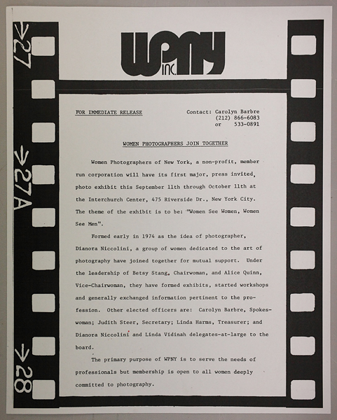 Women Photographers of New York show press release, 1974