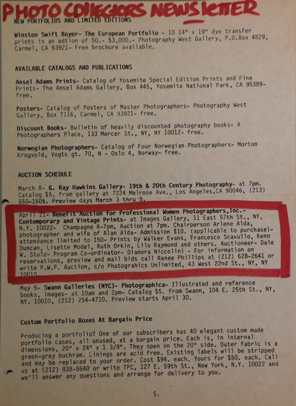 Ad in Photo Collector's Newsletter for 1983 PWP benefit auction Ad in Photo Collector's Newsletter for 1983 PWP benefit auction