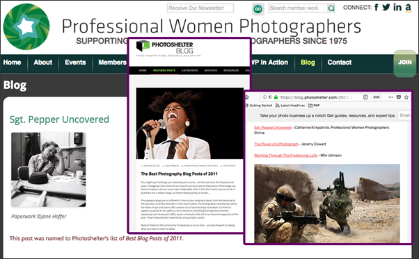 Screen shots of the PWP Blog and Photoshelter Blog featuring PWP's article on Jane Hoffer Screen shots of the PWP Blog and Photoshelter Blog featuring PWP's article on Jane Hoffer