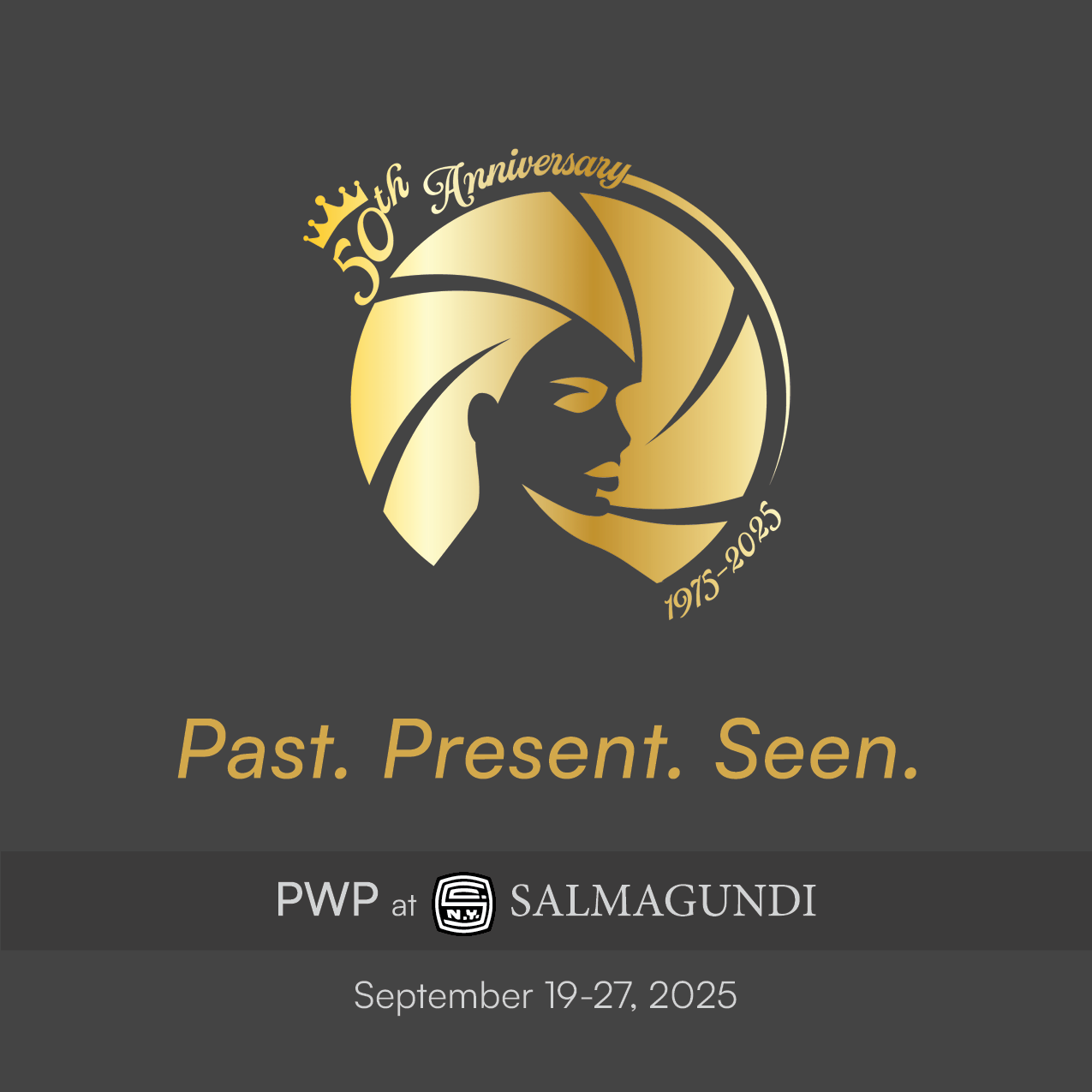 Dark gray image with gold PWP 50th Anniversary logo