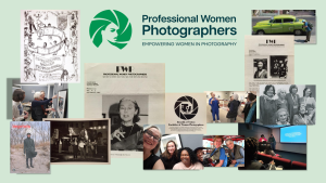 A collage celebrating the history and community of Professional Women Photographers (PWP) appears against a soft light-green background. At the center is the PWP logo—a stylized green profile of a woman with geometric hair—next to the organization’s full name and the tagline “Empowering Women in Photography.” Surrounding the logo are historical and contemporary photographs, newsletters, and event snapshots. Clockwise from top left: A black-and-white hand-drawn poster featuring the words “Professional Women Photographers,” whimsical figures, cameras, and rolls of film. A color photo of a woman in a bright blue shirt photographing an old lime-green classic car on a street. A vintage PWP newsletter page with two black-and-white portraits of women members. A grayscale group portrait of several early PWP members smiling together. A contemporary photo of PWP members at a gallery talk, listening to a presenter in a blue jumpsuit. A film still–like image of two older women outdoors, smiling broadly while wearing camera vests. A photo of a PWP lecture or workshop in a small theater, with two presenters at the front and attendees taking notes. A group selfie of four smiling PWP members in a gallery space. A black-and-white historic street photo showing women participating in an outdoor art or photography parade or gathering at night. A color magazine cover titled Imprints featuring a woman dressed in winter clothing standing in a sandy, windswept landscape. A photo of three women in a gallery discussing artwork on the wall. A vintage PWP newsletter with a portrait of photographer Frances McLaughlin-Gill. A PWP exhibition postcard titled Breadth of Vision: Portfolios of Women Photographers, featuring a geometric black-and-white camera lens graphic. The collage blends archival documents, member activities, exhibitions, and community moments to visually represent PWP’s 50-year history and ongoing mission.